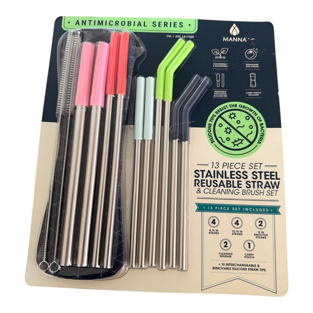 MANNA 13 Piece Stainless Steel Reusable Straw Cleaning Brush Set-NEW in BOX